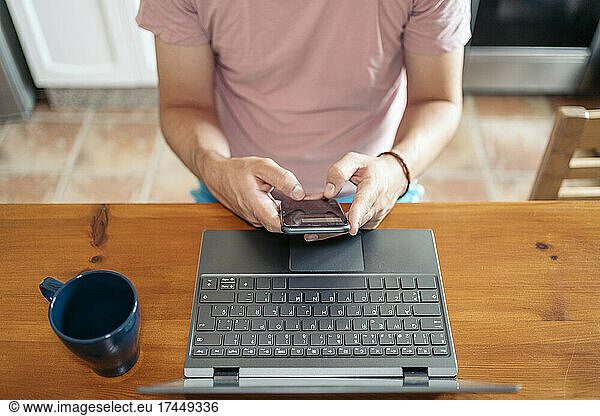 Business man working at home using phone and computer