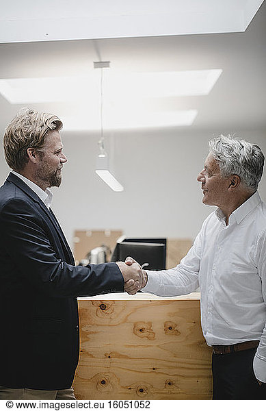 Business partners standing in office  shaking hands