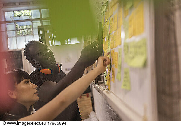 Business people brainstorming with adhesive notes in office