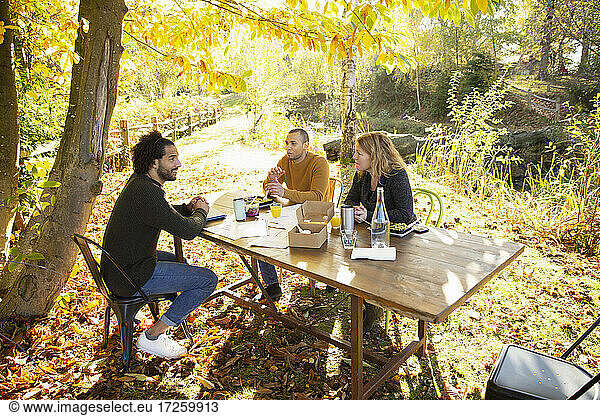 Business people meeting at table in sunny idyllic autumn park