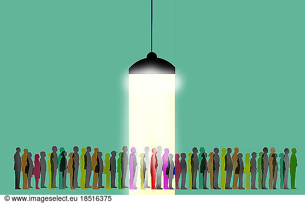 Business people waiting in employment line under illuminated light