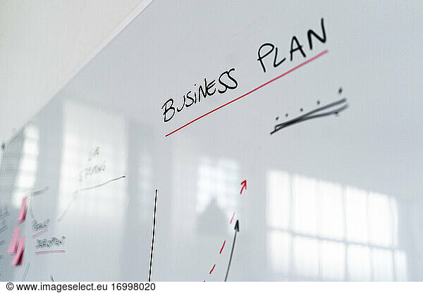 Business plan charts on office whiteboard