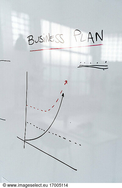 Business plan charts on office whiteboard