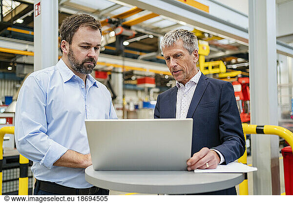 Businessman and manager discussing over laptop at factory