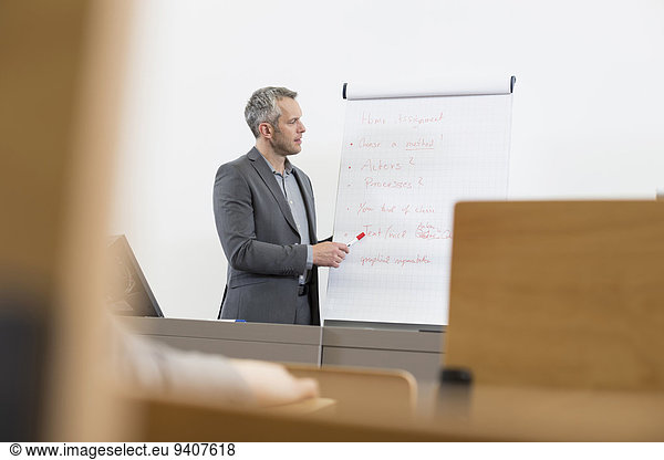 Businessman at speaker desk with flip chart in auditorium