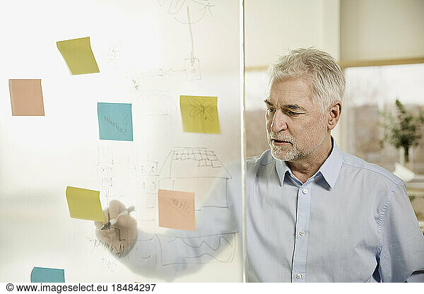 Businessman drawing on glass wall at office