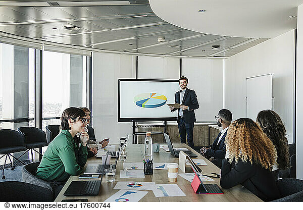 Businessman giving presentation to colleagues in board room
