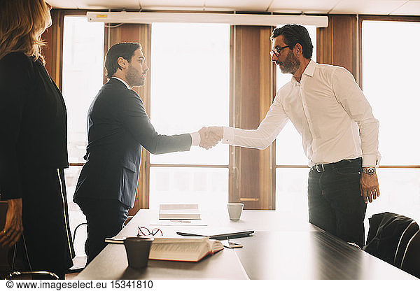 Businessman shaking hands with male lawyer after meeting in board room