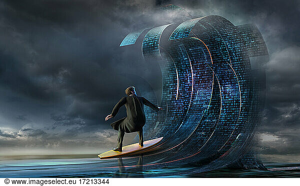 Businessman surfing binary code waves
