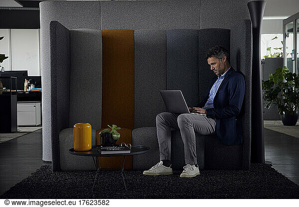 Businessman using laptop sitting on sofa at work place