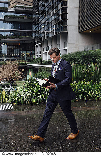 Businessman walking while reading documents on wet footpath in city