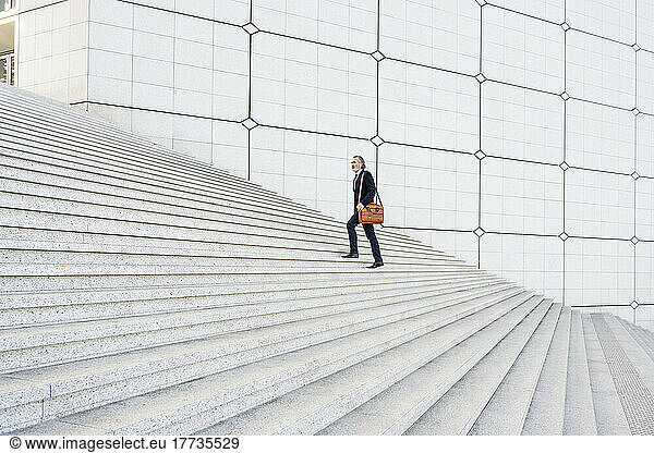 Businessman with bag moving up on steps
