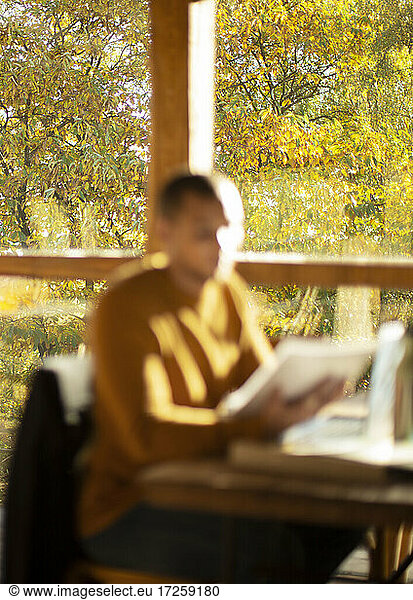 Businessman with paperwork working in sunny autumn cafe