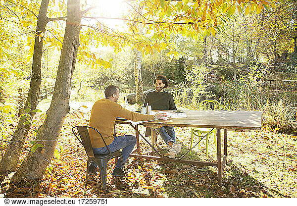 Businessmen meeting at table in sunny idyllic autumn park