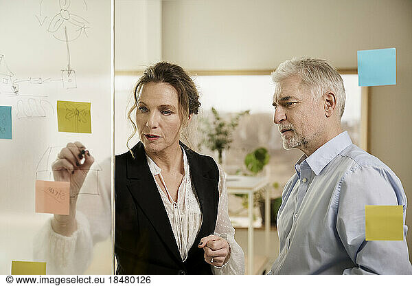 Businesswoman discussing over adhesive note with colleague
