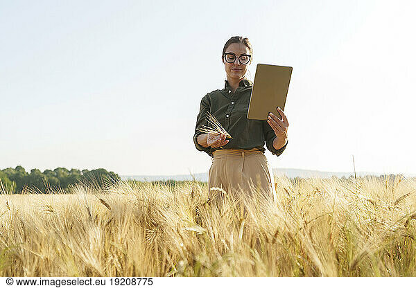 Businesswoman examining ear of wheat and holding tablet PC in field