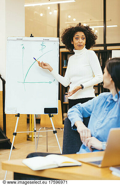 Businesswoman giving presentation to colleague in office