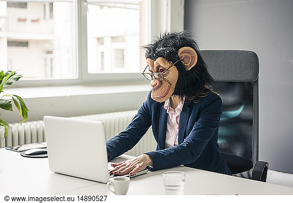 Businesswoman with chimpanzee mask working in office  using laptop