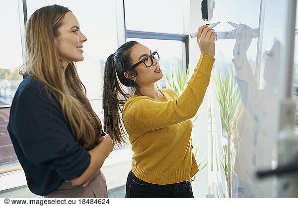 Businesswomen planning strategy over whiteboard at workplace