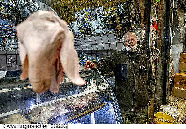 Butcher in Nablus soukh (central market)  West Bank  Palestine.