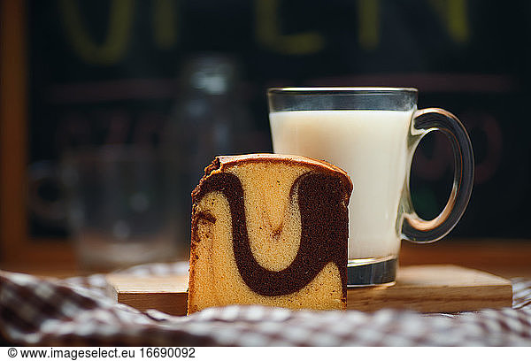 Butter marble cake with a cup of milk