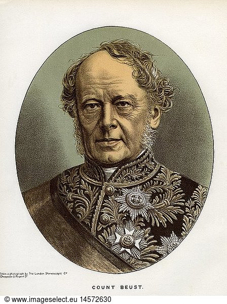C A4  Beust  Friedrich Ferdinand von  13.1.1809 - 23.10.1886  sÃ¤chsischer  Ã¶sterreichischer Staatsmann  Portrait  Lithographie  koloriert  nach einer Fotographie  London  England  zweite HÃ¤lfte 19. Jahrhundert