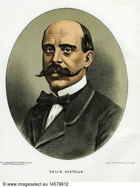 C  A4  Castelar  Emilio  8.9.1832 - 25.5.1899  spanischer Politiker  Schriftsteller  Portrait  Lithographie  koloriert  nach einer Fotographie  London  Ende 19. Jahrhundert