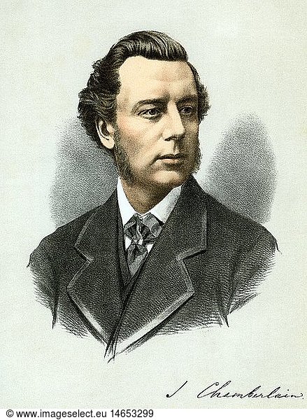 C A4  Chamberlain  Joseph  8.7.1826 - 2.7.1914  brit. Politiker (liberal)  Portrait  Lithographie  koloriert  nach einer Fotographie von R. W. Thrupp  England  19. Jahrhundert