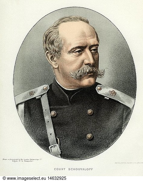 C A4  Schuwalow  Graf Peter der JÃ¼ngere  15.6.1827 - 1889  russ. Staatsmann  Portrait  Lithographie  koloriert  nach einer Fotographie  London  England  19. Jahrhundert