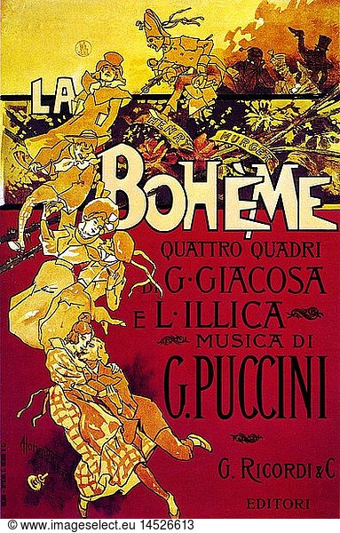 c. Puccini  Giacomo  22.12.1858 - 29.11.1924  ital. Komponist  Plakat  Oper 'La Boheme' (UrauffÃ¼hrung 1896)