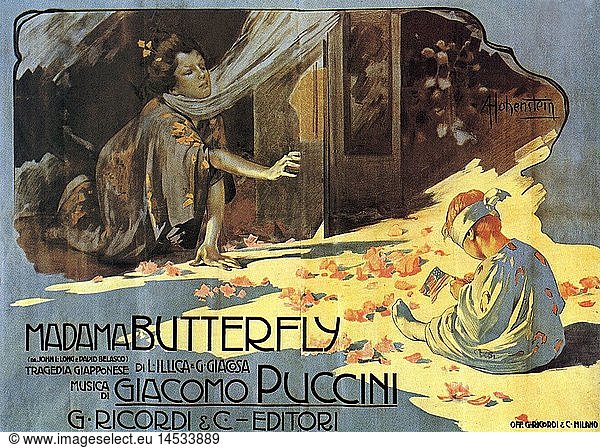 c. Puccini  Giacomo  22.12.1858 - 29.11.1924  ital. Musiker (Komponist)  Plakat  Oper 'Madame Butterfly' (UrauffÃ¼hrung 1904)