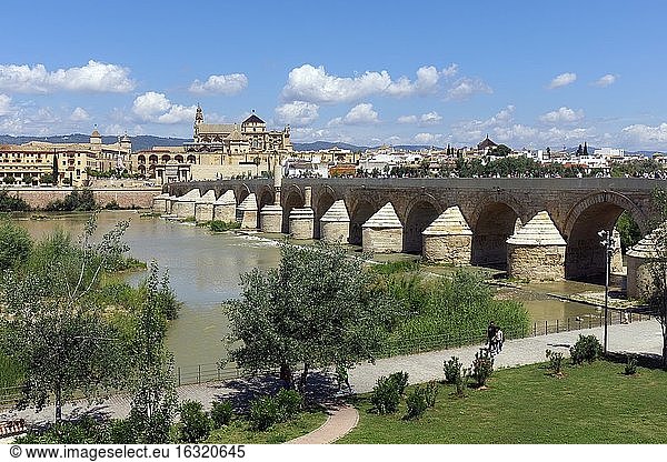 Córdoba  Provinz Córdoba  Andalusien  Südspanien. Römische Brücke und die Moschee  La Mezquita. Das historische Zentrum von Córdoba gehört zum UNESCO-Weltkulturerbe.