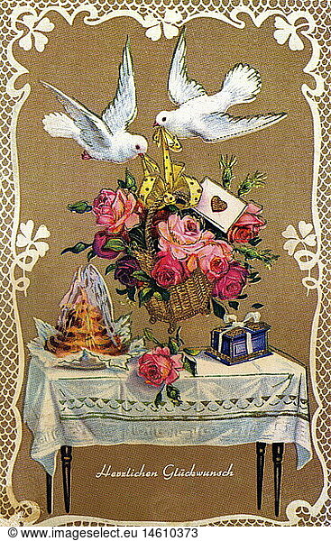 c SG hist.  Feste  Geburtstag  Tauben bringen Blumen  GlÃ¼ckwunschkarte  ca. 50er Jahre c SG hist., Feste, Geburtstag, Tauben bringen Blumen, GlÃ¼ckwunschkarte, ca. 50er Jahre