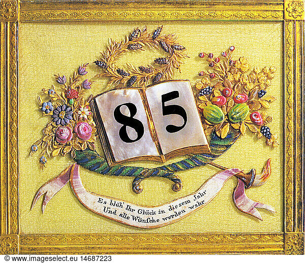 C  SG hist.  Feste  GlÃ¼ckwunschkarten Geburtstag  'Es blÃ¼h' Ihr GlÃ¼ck in diesem Jahr - Und alle WÃ¼nsche werden wahr'  Buch mit Zahl 85  Postkarte  Deutschland  20. Jahrhundert