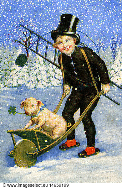 C SG hist.  Feste  Neujahr  Kaminkehrer  fÃ¤hrt GlÃ¼cksschwein auf Schubkarre  farbige Postkarte  gestempelt 1935