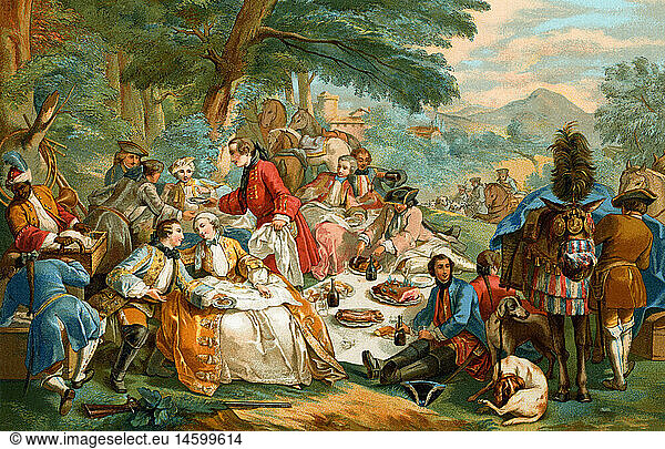 C  SG hist.  Gastronomie  Picknick  JagdfrÃ¼hstÃ¼ck  Frankreich  18. Jahrhundert  kolorierte Lithografie  19. Jahrhundert