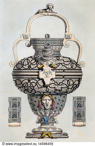 C  SG hist.  Haushalt  TrinkgefÃ¤ÃŸe  Geschirr  Besteck  Saugflasche  Steingut  Mitte 16. Jahrhundert  Chromolithografie  von Carle Delange und C.Borneman  1875