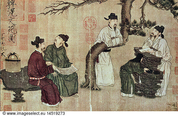 C  SG hist.  Literatur  China  Gelehrte im Garten der Literatur  Seidenmalerei auf einer Bildrolle von Han Huang  8. Jahrhundert