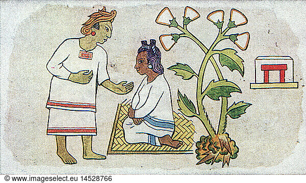 C  SG hist.  Medizin  Geburt / GynÃ¤kologie  aztekische Hebamme mit Schwangerer bei der Geburt  kolorierte Zeichnung