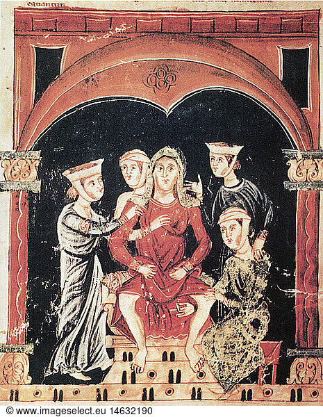 C  SG hist.  Medizin  Geburt / GynÃ¤kologie  Schwangere kurz vor Niederkunft  Miniatur  aus: Medicina antiqua  13. Jahrhundert  Codex Vindobonensis 93
