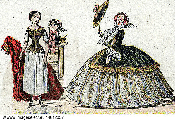 C  SG hist.  Mode  19. Jahrhundert  'Schein und Sein'  kolorierte Zeichnung  Frankreich  19. Jahrhundert