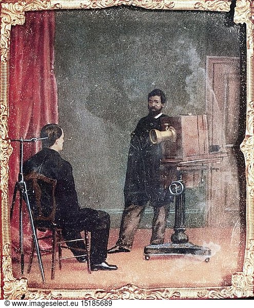 C  SG hist.  Photographie  Photographen  Fotograf und Modell  bemalte Daguerreotypie  19. Jahrhundert