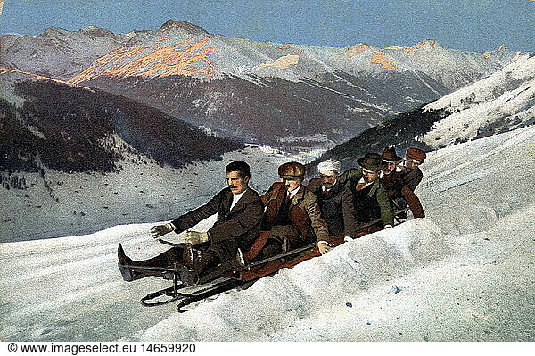 C  SG hist.  Sport  Wintersport  Schlitten  Leute auf einem Schlitten  GemÃ¤lde  um 1909 C, SG hist., Sport, Wintersport, Schlitten, Leute auf einem Schlitten, GemÃ¤lde, um 1909,