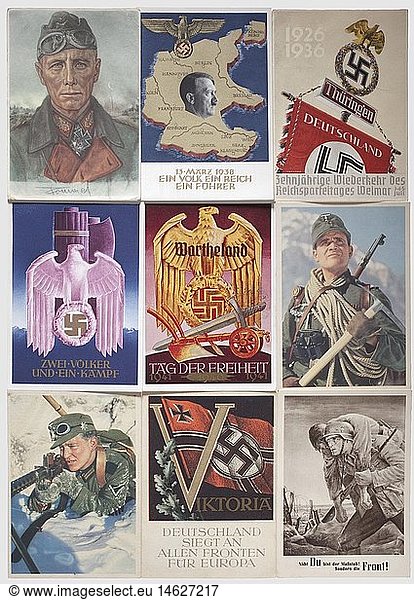 Ca. 240 propaganda postcards on Adolf Hitler  the NSDAP and the War  Interesting postcards: Hitler in the West  SA  the Ordensburg Sonthofen  the German Wehrmacht and the Waffen-SS  military vehicles in action  bearers of the Knight's Cross and the Oak Leaves  portraits of officers and soldiers by W. Willrich and much more. Some of the cards with postage stamps and post marks  some with traces of use and minor damages  historic  historical  people  1930s  1930s  20th century  poster  bill  placard  bills  posters  placards  different  various  several  diverse  mixed  NS  National Socialism  Nazism  Third Reich  German Reich  Germany  National Socialist  Nazi  Nazi period  illustrations  object  objects  stills  clipping  clippings  cut out  cut-out  cut-outs  poster  bill  placard  bills  posters  placards  illustrations  propaganda