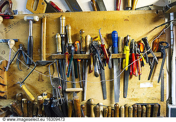Cabinet full of equipment at workshop