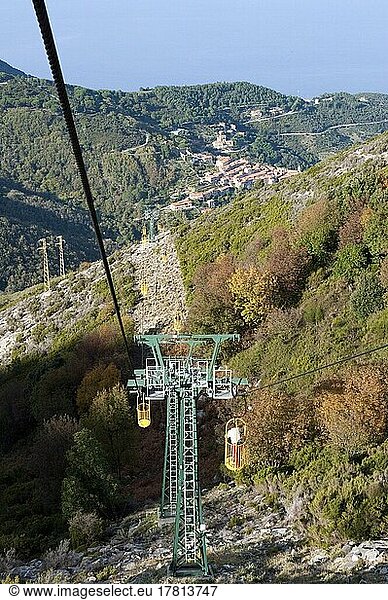 Cable car Cabinovia Monte Capanne with open standing gondola on Monte Capanne mountain  Marciana  Elba  Tuscany  Italy  Europe