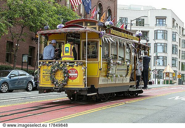 Cable Car  historic tram  Powell and Market to Bay and Taylor  San Francisco  California  USA  North America