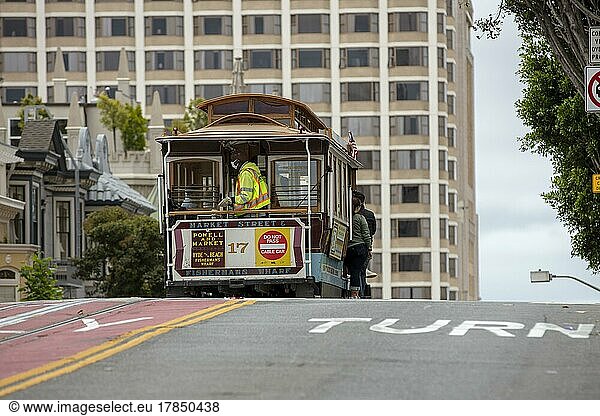 Cable Car  historic tram  Powell and Market to Hide and Beach  San Francisco  California  USA  North America