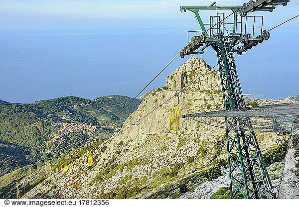 Cable car mast and open gondola Cable car gondola standing gondola of cable car Cabinovia Monte Capanne on mountain Monte Capanne  in the background Mediterranean Sea and on the right Marciana Marina  Marciana  Elba  Tuscany  Italy  Europe