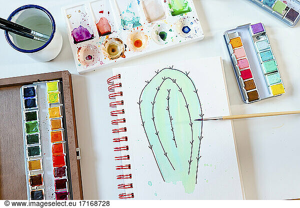 Cactus painted with watercolors on spiral notebook